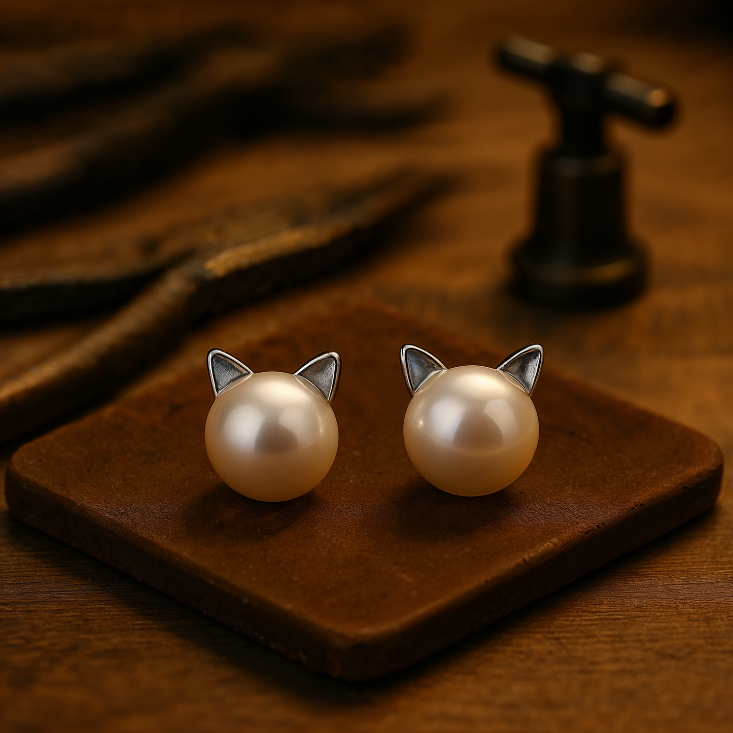 Pendientes de plata esterlina con perla y diseño de gato