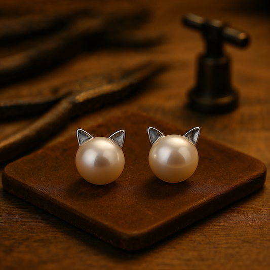 Pendientes de plata esterlina con perla y diseño de gato
