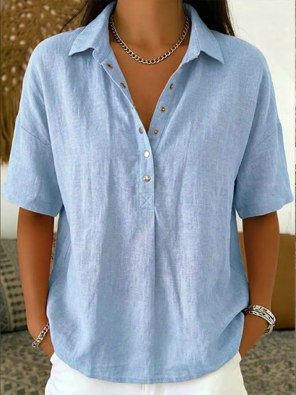 Camisa Polo de Algodón y Lino para Mujeres – Top Casual de Manga Corta para Verano