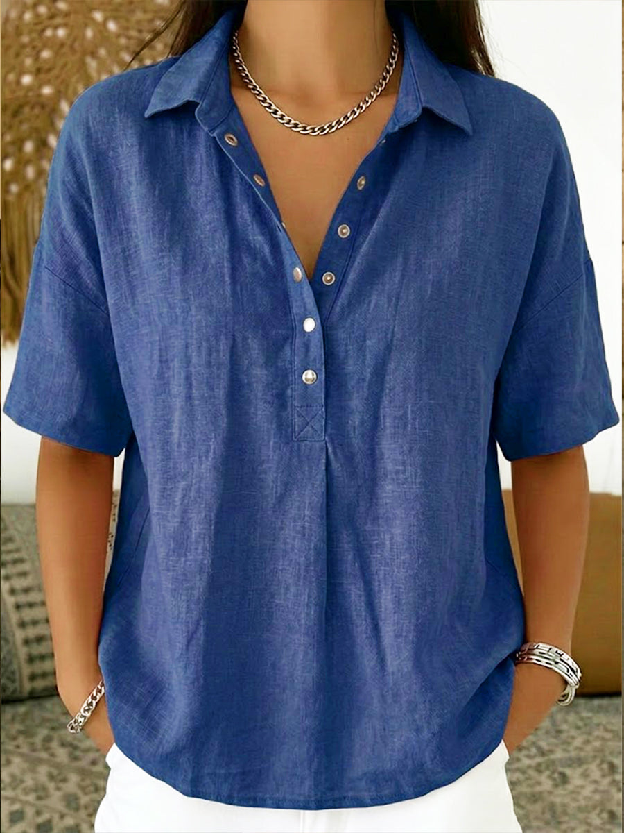 Camisa Polo de Algodón y Lino para Mujeres – Top Casual de Manga Corta para Verano