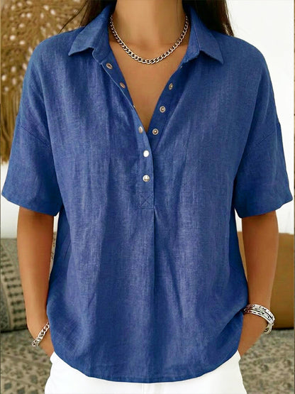 Camisa Polo de Algodón y Lino para Mujeres – Top Casual de Manga Corta para Verano