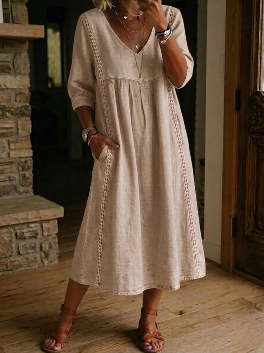 Isabela | Vestido Suelto de Lino con Encaje