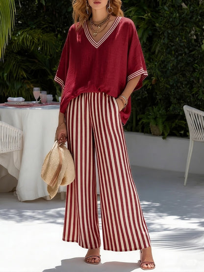 Amelia | Elegante conjunto informal de lino y algodón a rayas