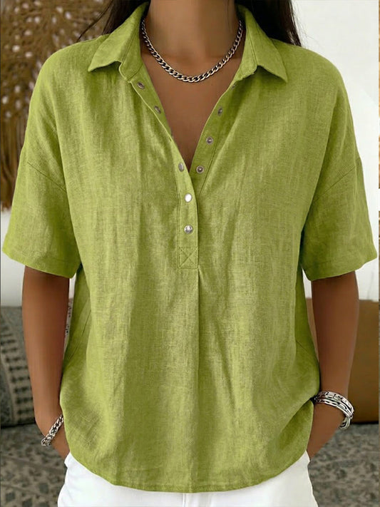 Camisa Polo de Algodón y Lino para Mujeres – Top Casual de Manga Corta para Verano