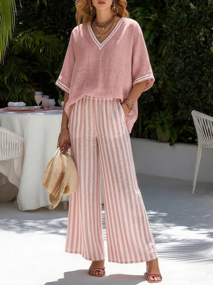 Amelia | Elegante conjunto informal de lino y algodón a rayas