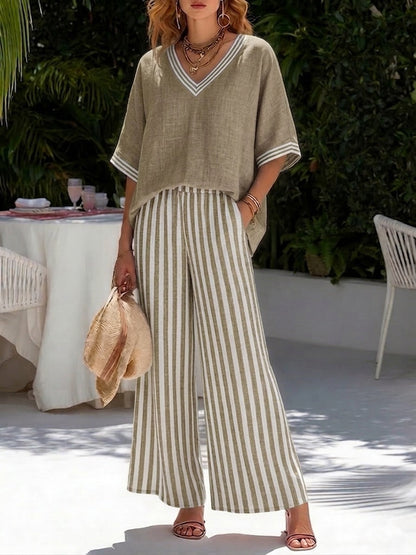 Amelia | Elegante conjunto informal de lino y algodón a rayas