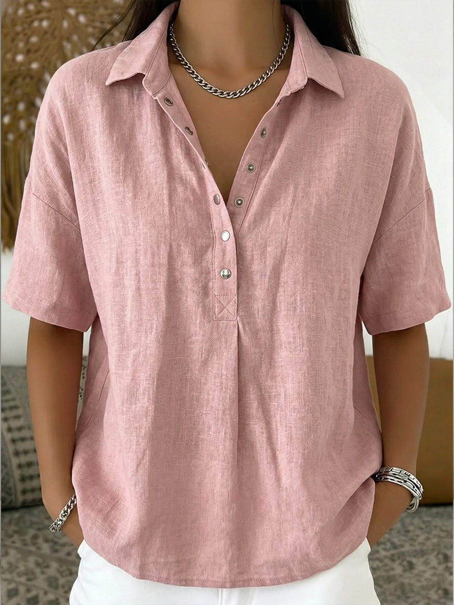 Camisa Polo de Algodón y Lino para Mujeres – Top Casual de Manga Corta para Verano