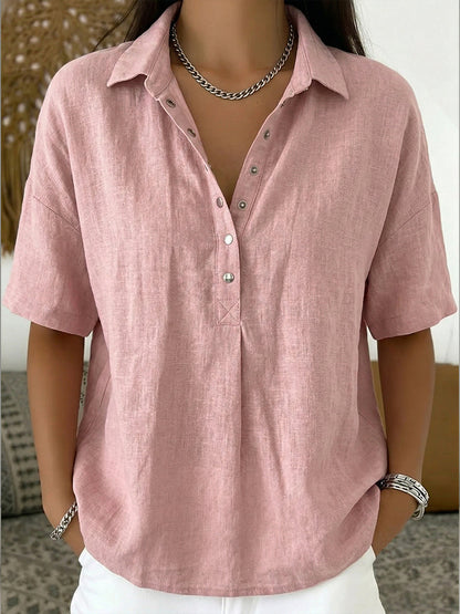 Camisa Polo de Algodón y Lino para Mujeres – Top Casual de Manga Corta para Verano