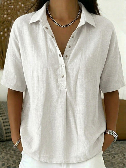 Camisa Polo de Algodón y Lino para Mujeres – Top Casual de Manga Corta para Verano