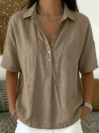 Camisa Polo de Algodón y Lino para Mujeres – Top Casual de Manga Corta para Verano