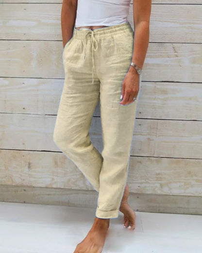 Pantalones Casual de Algodón y Lino con Cintura Elástica para Mujeres