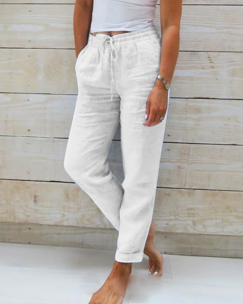 Pantalones Casual de Algodón y Lino con Cintura Elástica para Mujeres