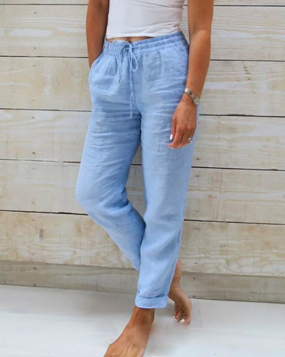 Pantalones Casual de Algodón y Lino con Cintura Elástica para Mujeres