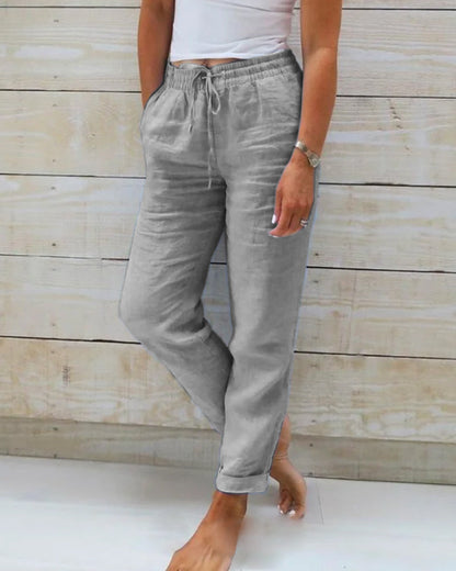 Pantalones Casual de Algodón y Lino con Cintura Elástica para Mujeres