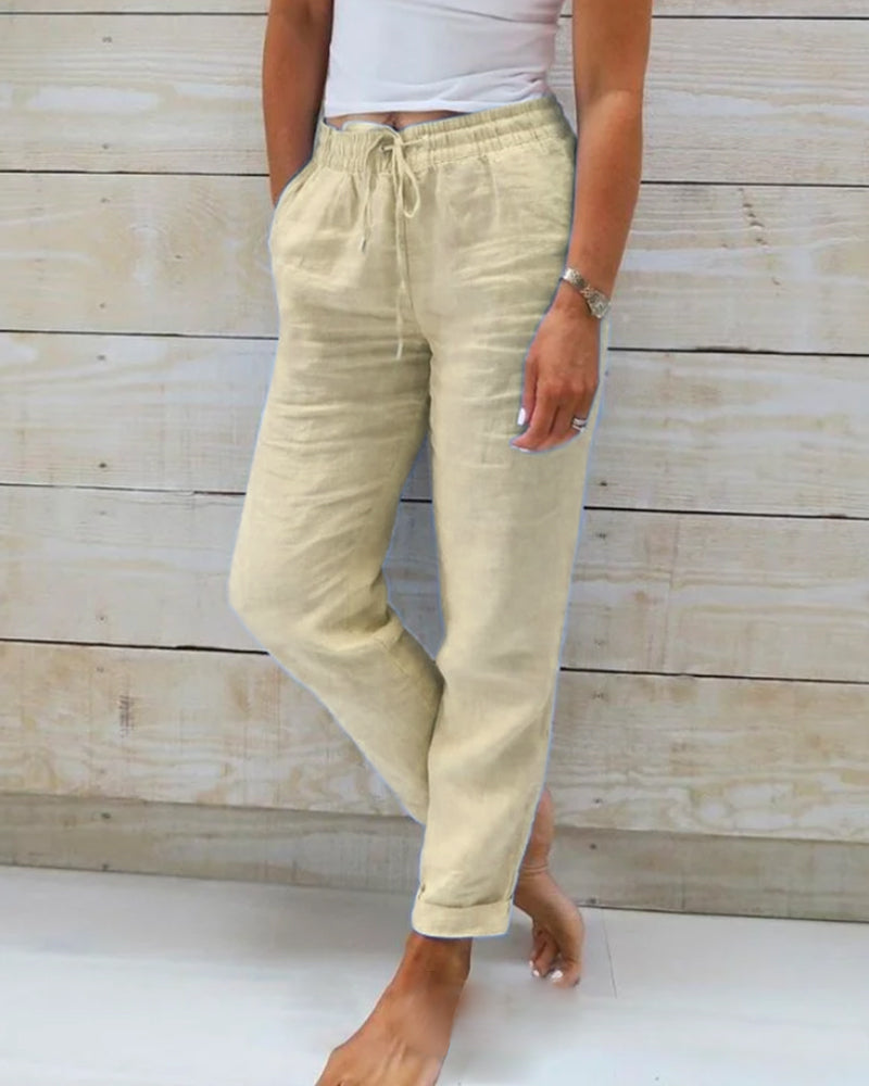 Pantalones Casual de Algodón y Lino con Cintura Elástica para Mujeres