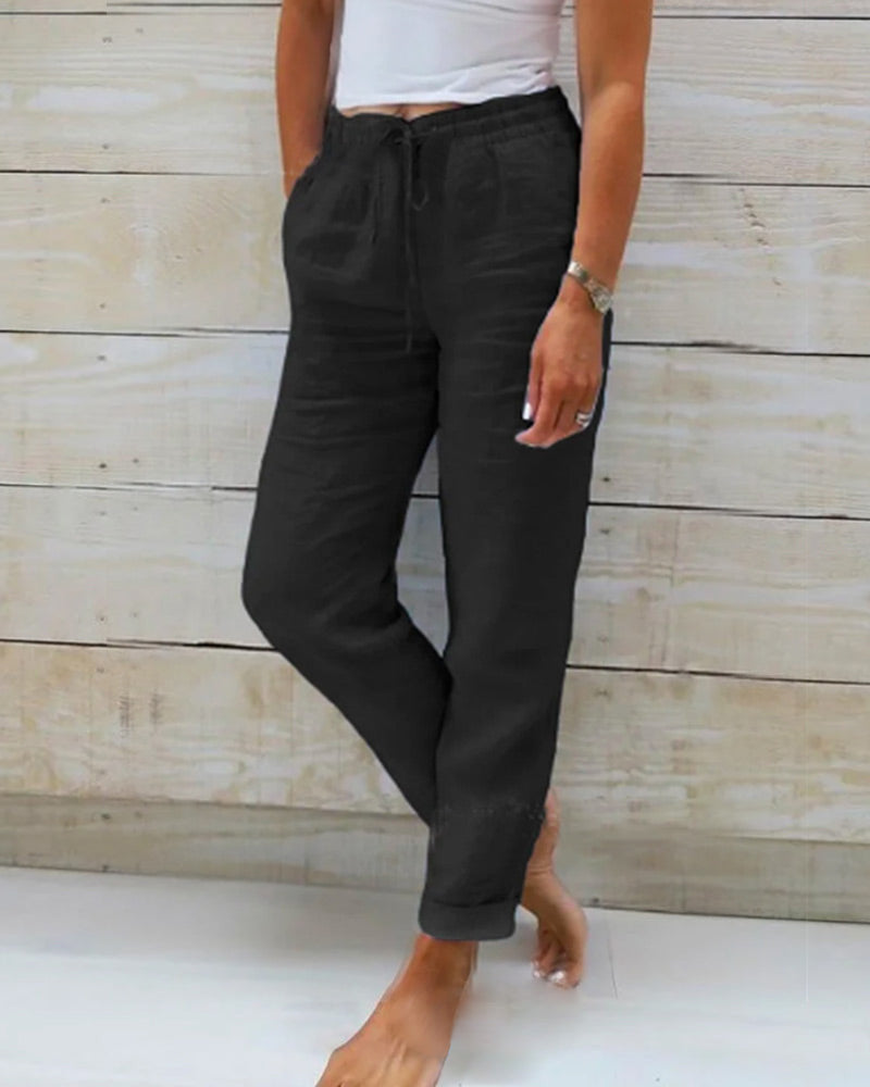 Pantalones Casual de Algodón y Lino con Cintura Elástica para Mujeres