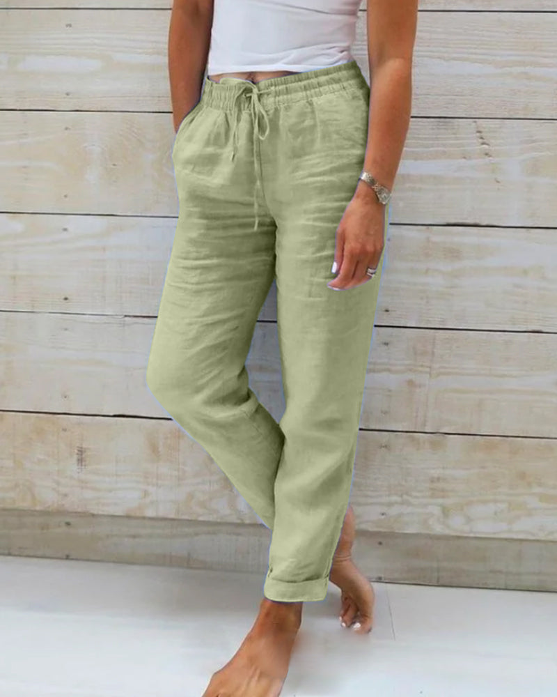Pantalones Casual de Algodón y Lino con Cintura Elástica para Mujeres
