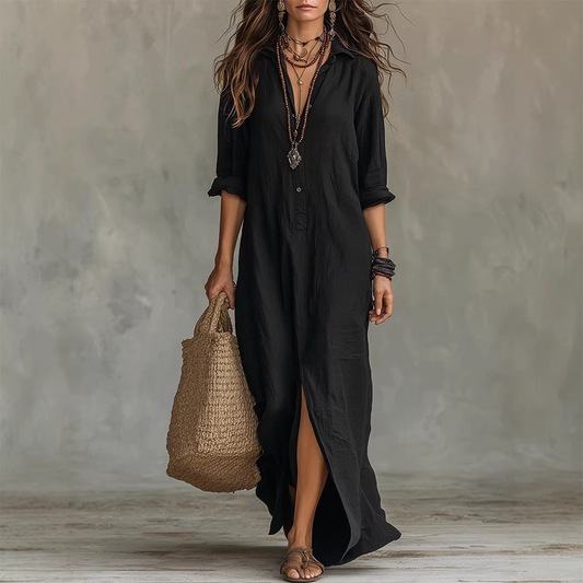 Vestido largo de algodón-lino, casual y holgado, con una abertura frontal