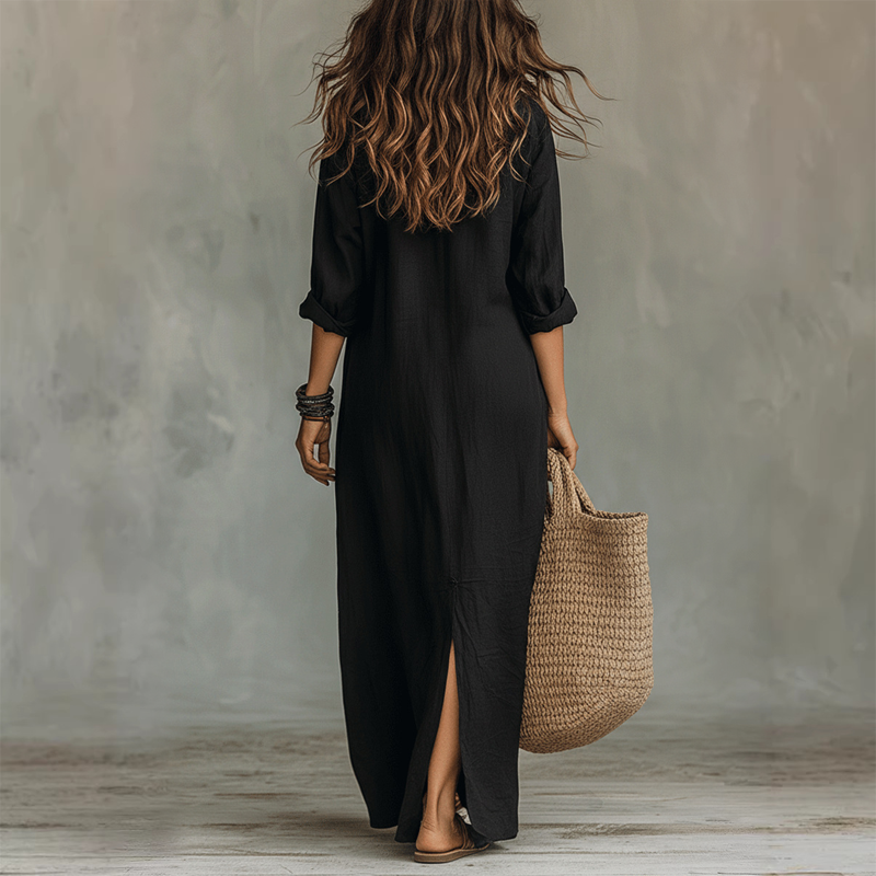 Vestido largo de algodón-lino, casual y holgado, con una abertura frontal