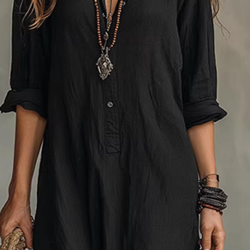 Vestido largo de algodón-lino, casual y holgado, con una abertura frontal