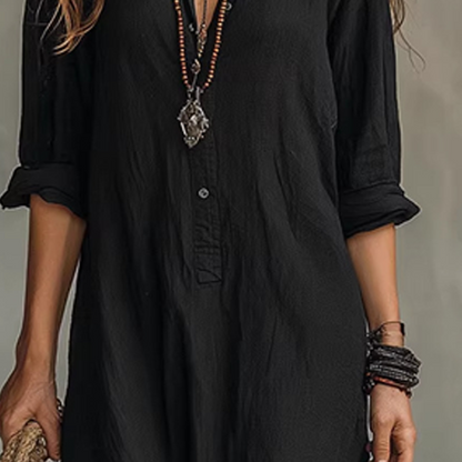 Vestido largo de algodón-lino, casual y holgado, con una abertura frontal