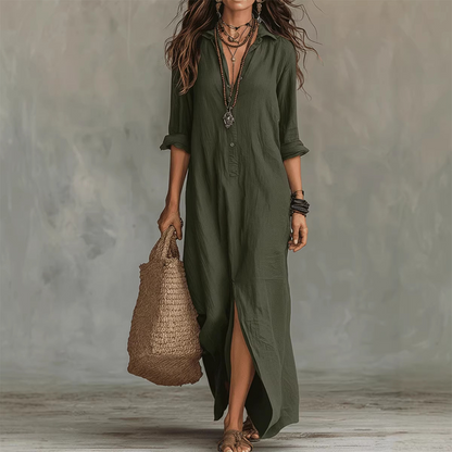 Vestido largo de algodón-lino, casual y holgado, con una abertura frontal