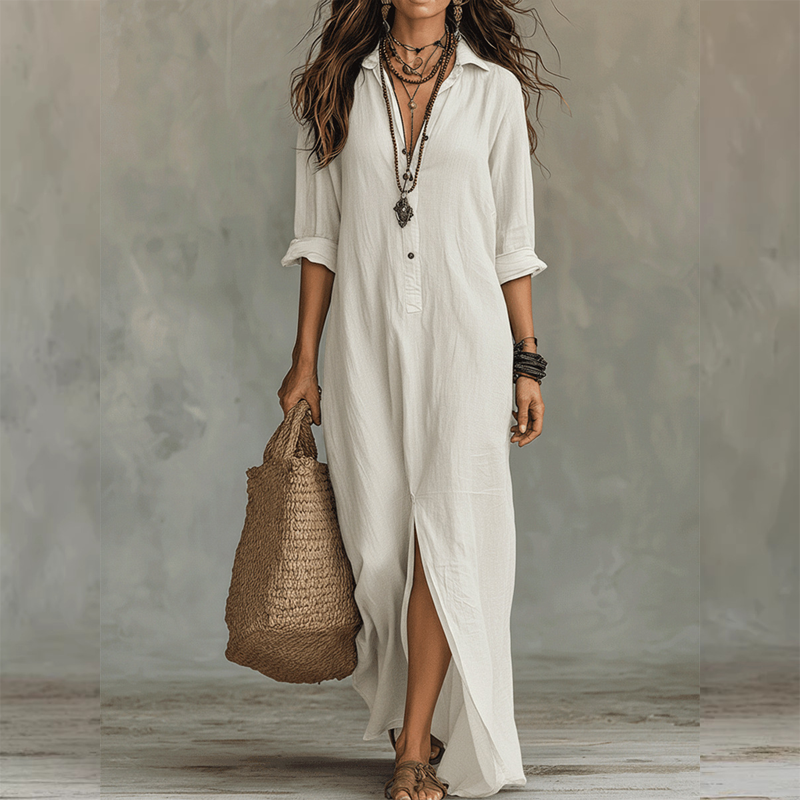 Vestido largo de algodón-lino, casual y holgado, con una abertura frontal