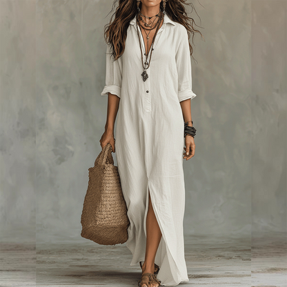 Vestido largo de algodón-lino, casual y holgado, con una abertura frontal