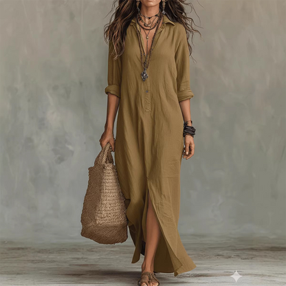 Vestido largo de algodón-lino, casual y holgado, con una abertura frontal
