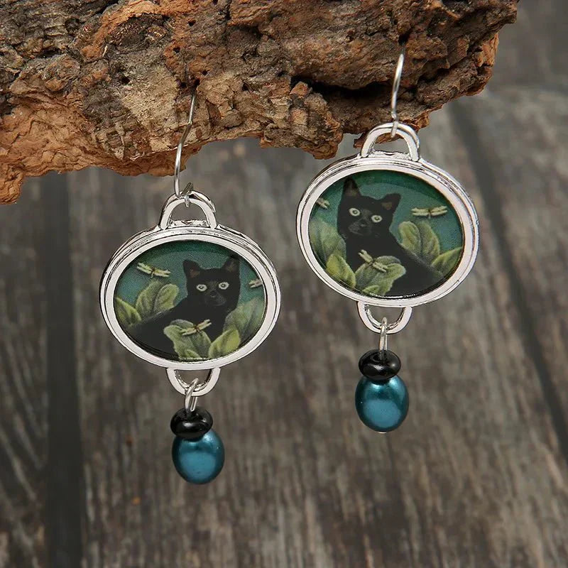 Pendientes Vintage de Gatos Negros Tropicales