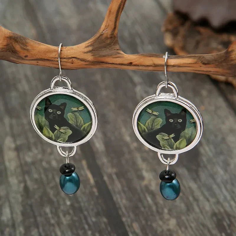 Pendientes Vintage de Gatos Negros Tropicales