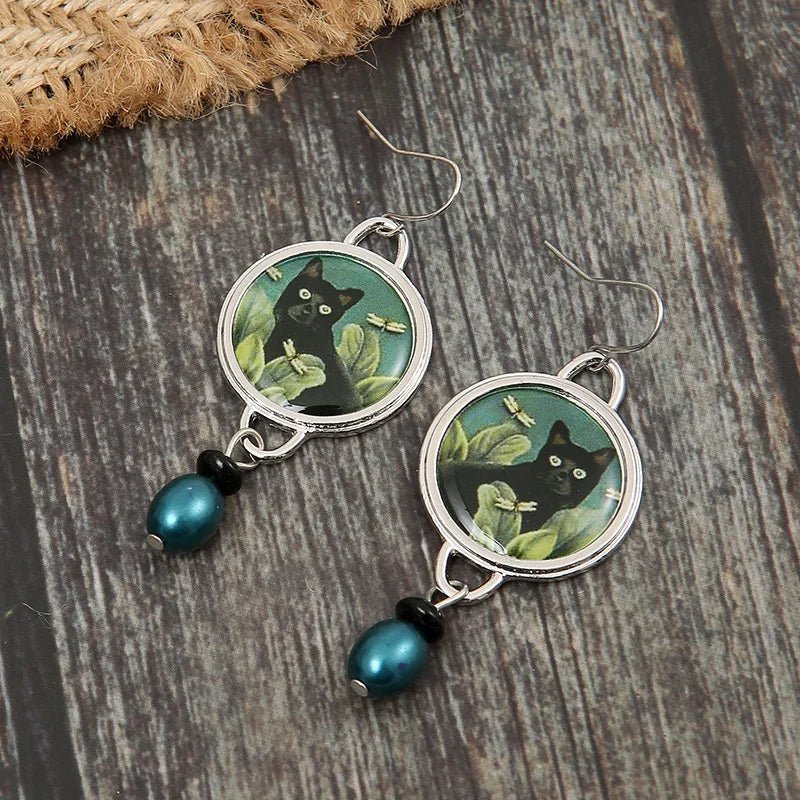 Pendientes Vintage de Gatos Negros Tropicales
