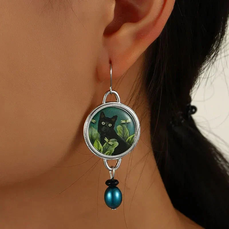 Pendientes Vintage de Gatos Negros Tropicales